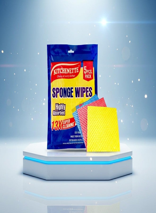 Kitchenette Reusable Kitchen Cleaning Sponge, Cellulose Wood Foam Wipe, Easy to Use & Biodegradable, Multicolor (Pack of 5) - Image 1